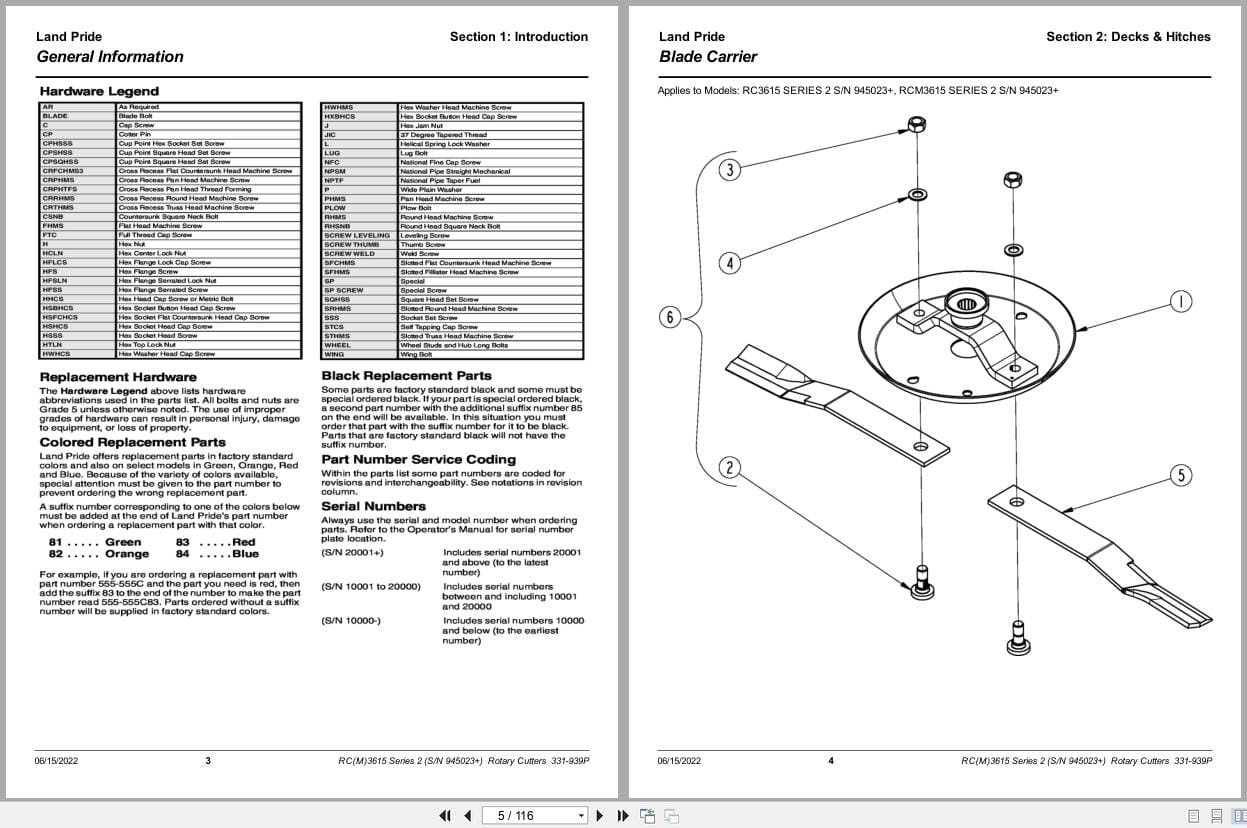 Land Pride Rotary Cutters RC3615 RCM3615 Series 2 Parts Manual 331 939P (2)