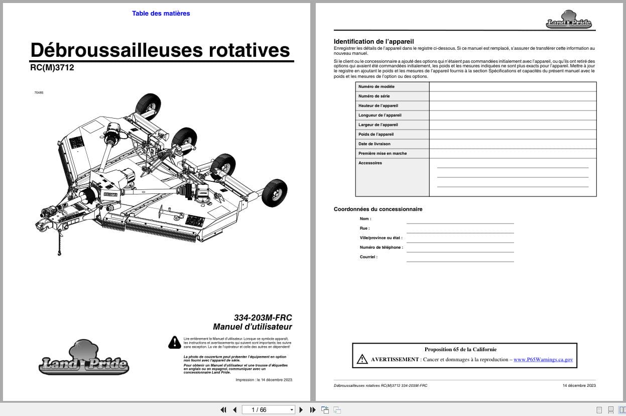 Land Pride Rotary Cutters RC3712 RCM3712 Operator Manual 334 203M FRC FR (1)