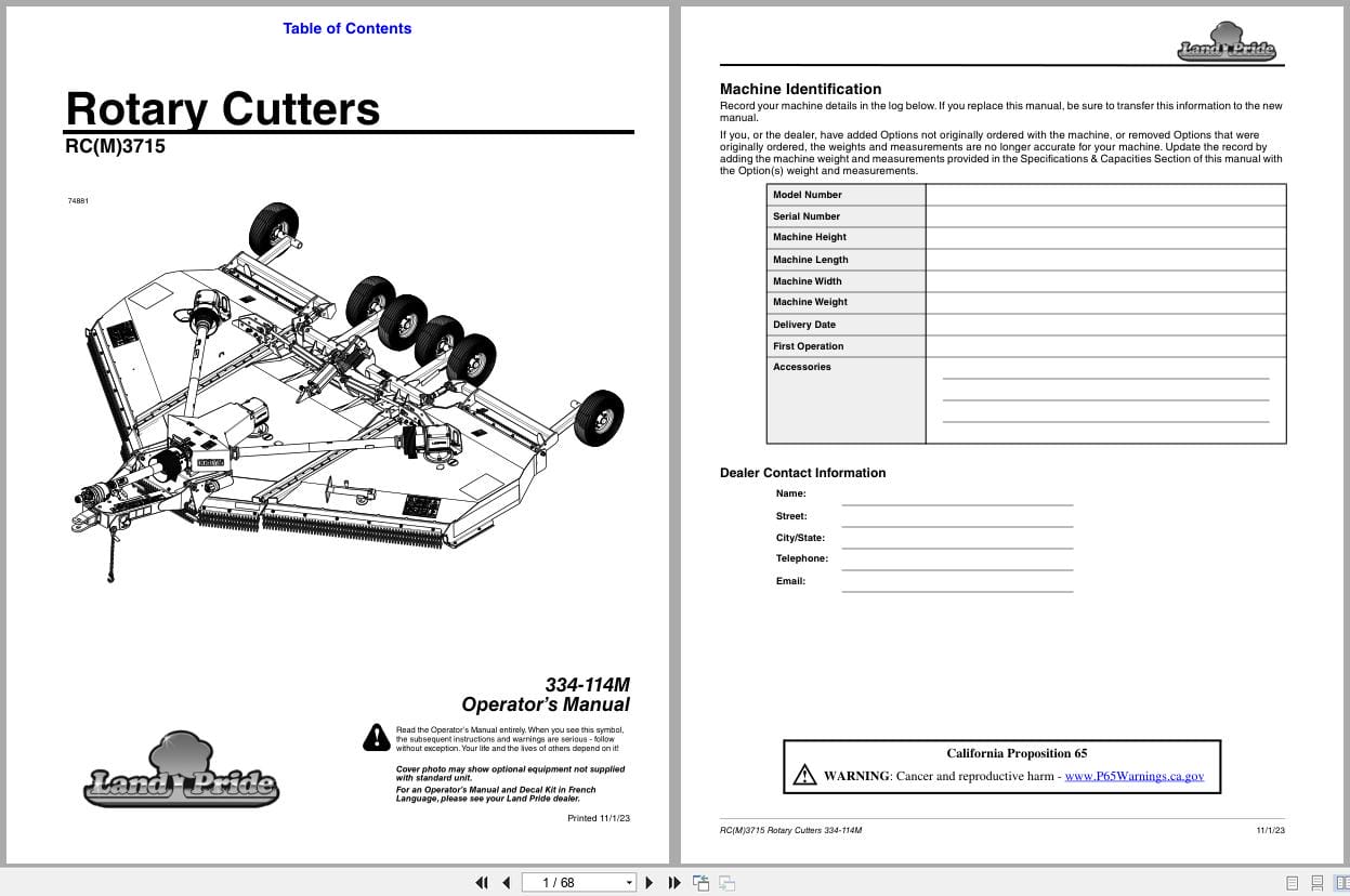Land Pride Rotary Cutters RC3715 RCM3715 Operation Manual 334 114M (1)