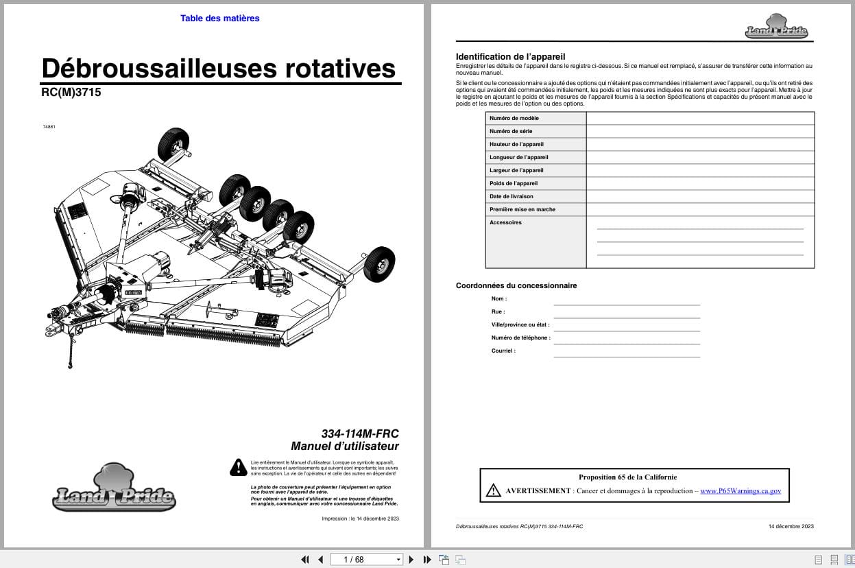 Land Pride Rotary Cutters RC3715 RCM3715 Operator Manual 334 114M FRC FR (1)