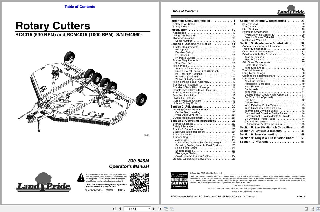 Land Pride Rotary Cutters RC4015 RCM4015 Operation Manual 330 845M (1)