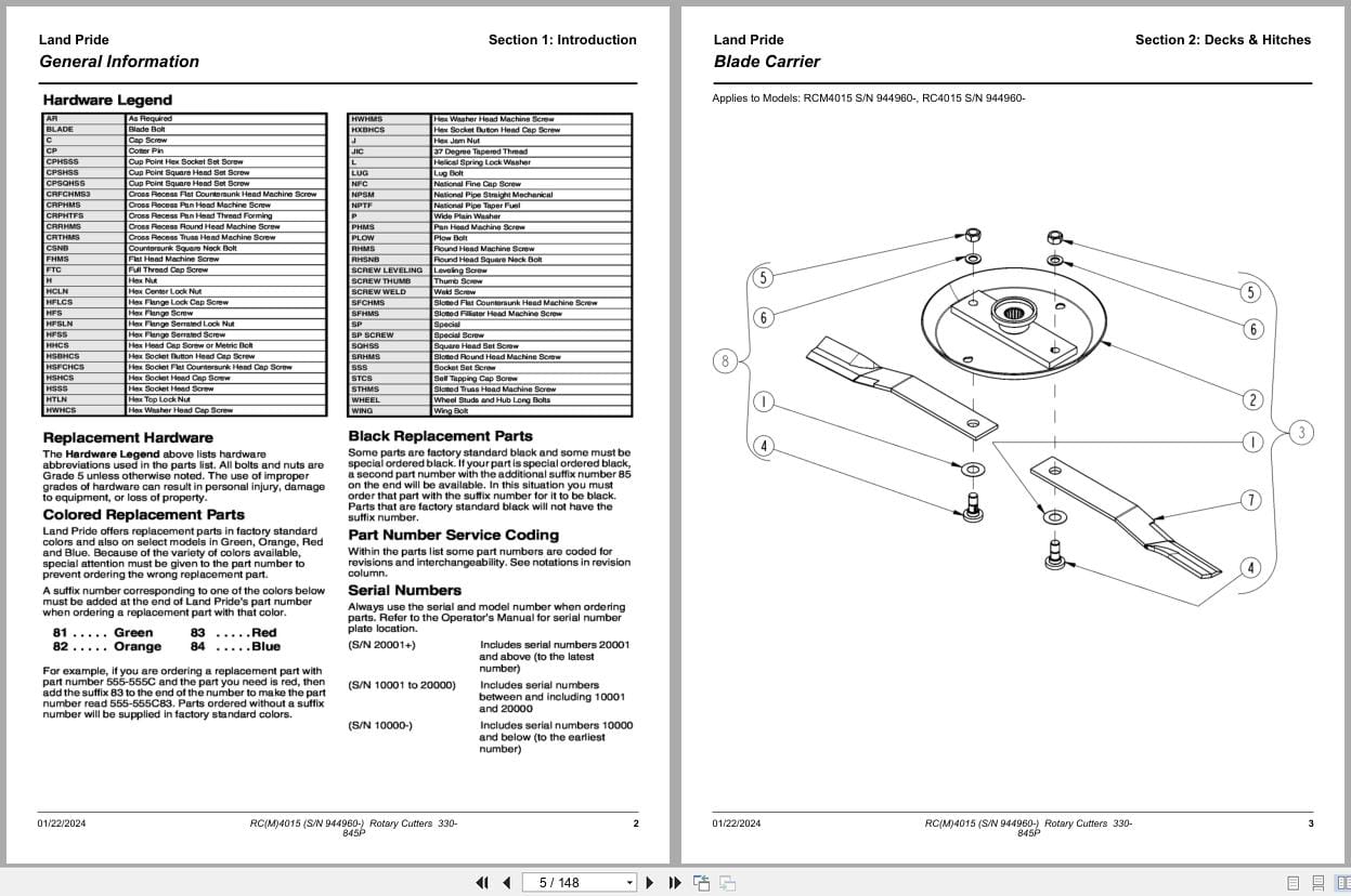 Land Pride Rotary Cutters RC4015 RCM4015 Parts Manual 330 845P (2)