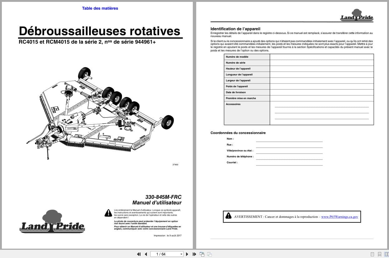 Land Pride Rotary Cutters RC4015 RCM4015 Series 2 Operator Manual 330 845M FRC FR (1)