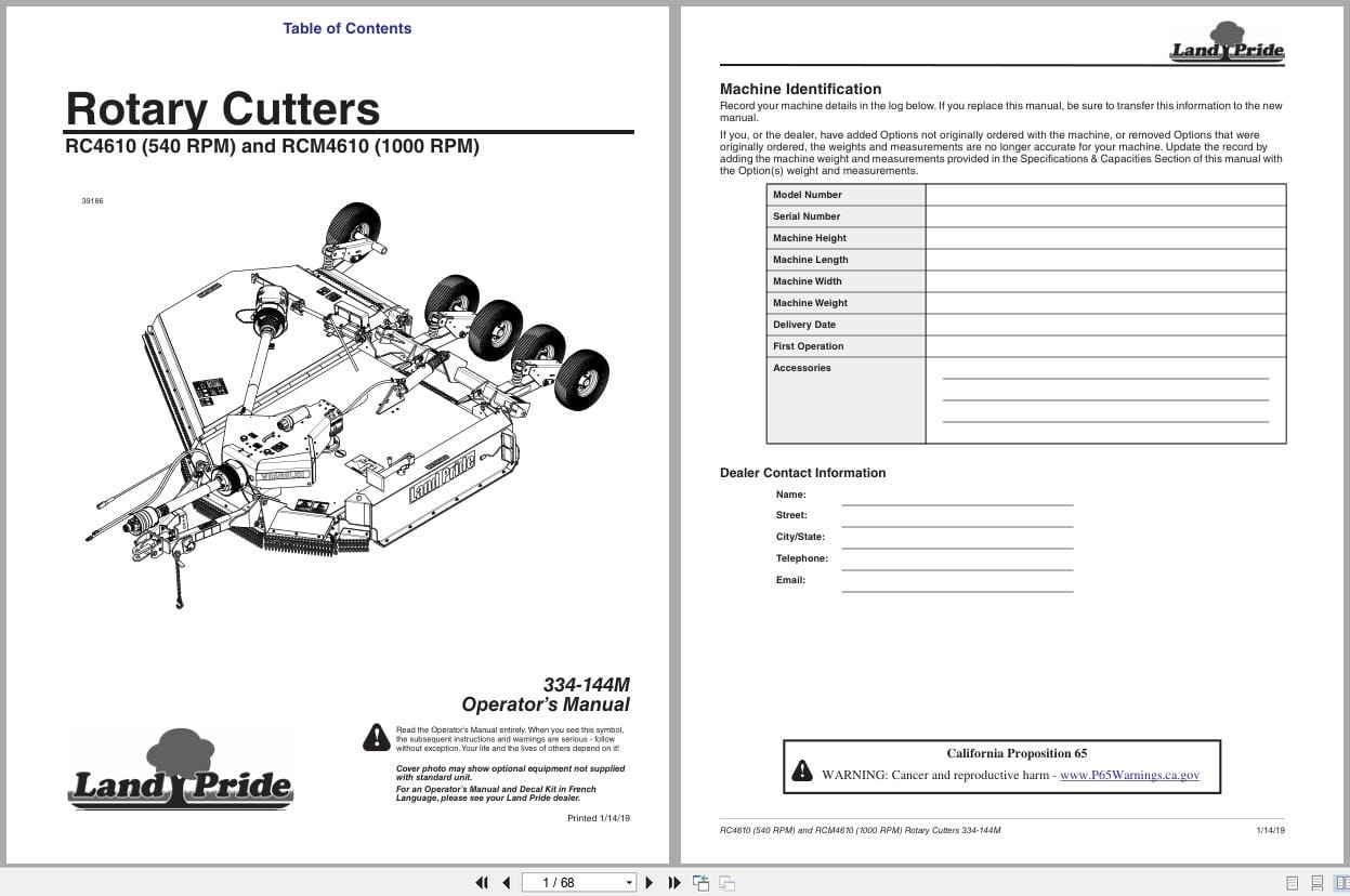 Land Pride Rotary Cutters RC4610 RCM4610 Operation Manual 334 144M (1)