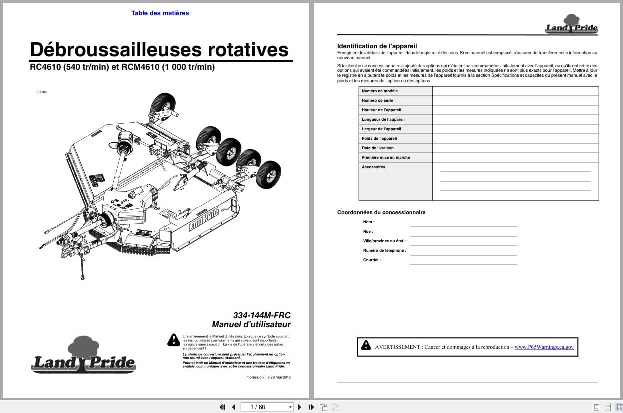 Land Pride Rotary Cutters RC4610 RCM4610 Operator Manual 334 144M FRC FR (1)