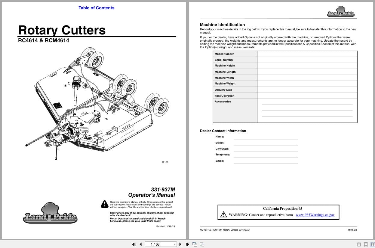 Land Pride Rotary Cutters RC4614 RCM4614 Operation Manual 331 937M (1)