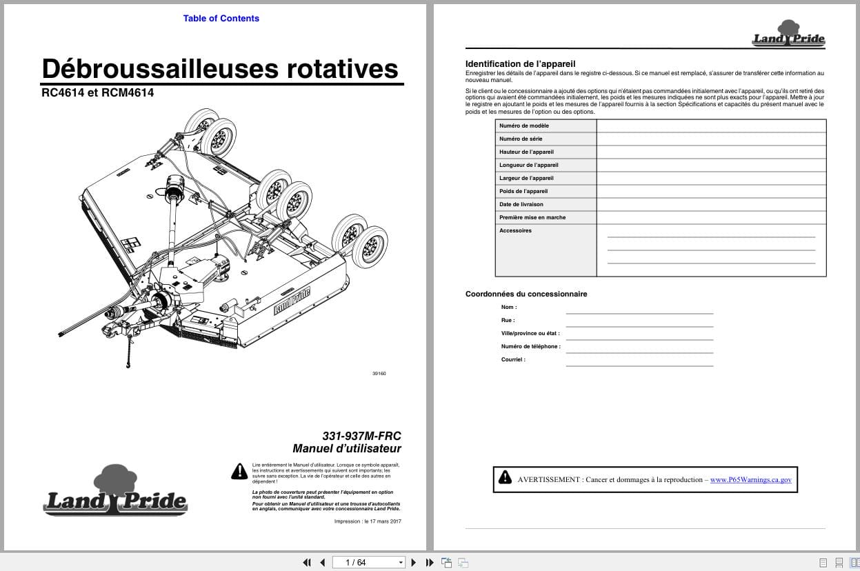 Land Pride Rotary Cutters RC4614 RCM4614 Operator Manual 331 937M FRC FR (1)