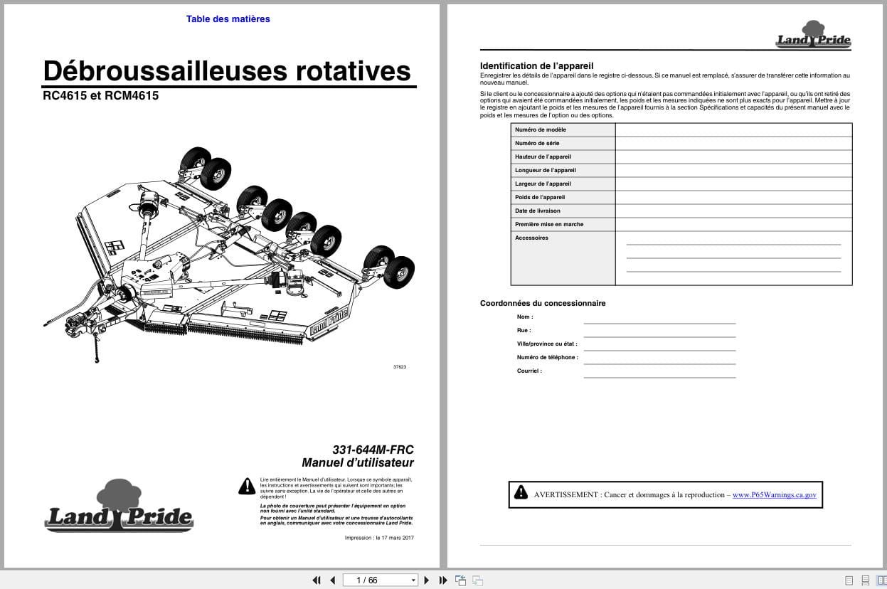 Land Pride Rotary Cutters RC4615 RCM4615 Operator Manual 331 644M FRC FR (1)