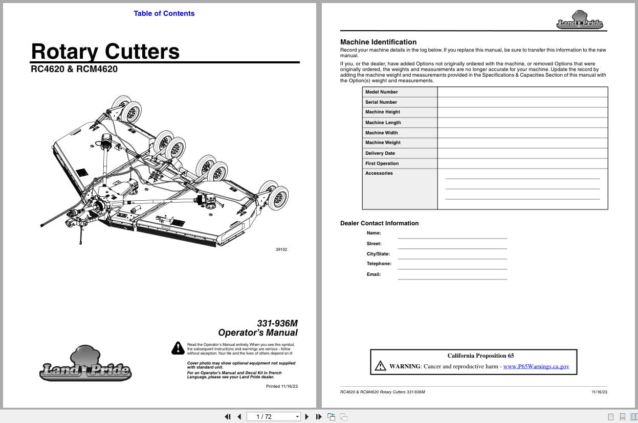 Land Pride Rotary Cutters RC4620 RCM4620 Operator Manual 331 936M (1)