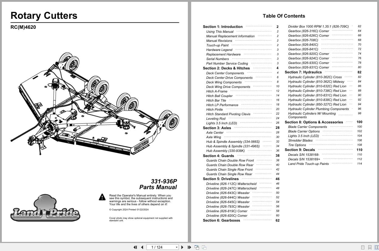 Land Pride Rotary Cutters RC4620 RCM4620 Parts Manual 331 936P (1)