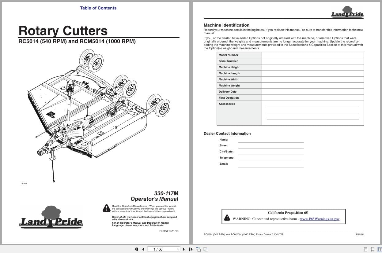 Land Pride Rotary Cutters RC5014 RCM5014 Operation Manual 330 117M (1)