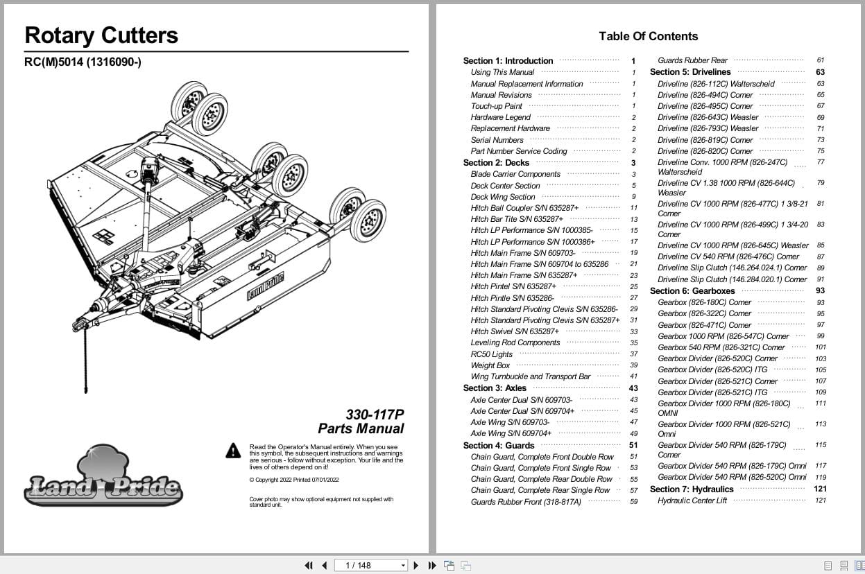 Land Pride Rotary Cutters RC5014 RCM5014 Parts Manual 330 117P (1)