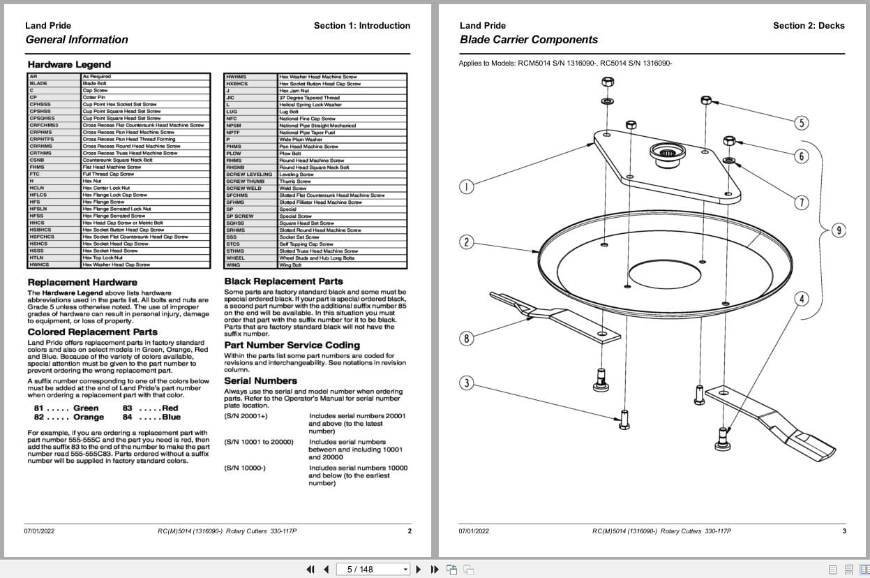 Land Pride Rotary Cutters RC5014 RCM5014 Parts Manual 330 117P (2)