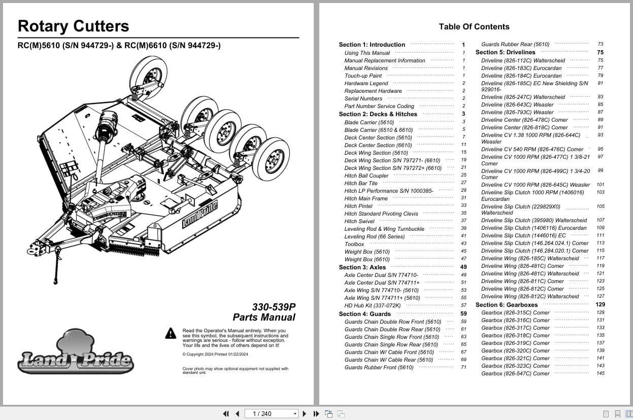 Land Pride Rotary Cutters RC5610 RCM5610 RC6610 RCM6610 Parts Manual 330 539P (1)
