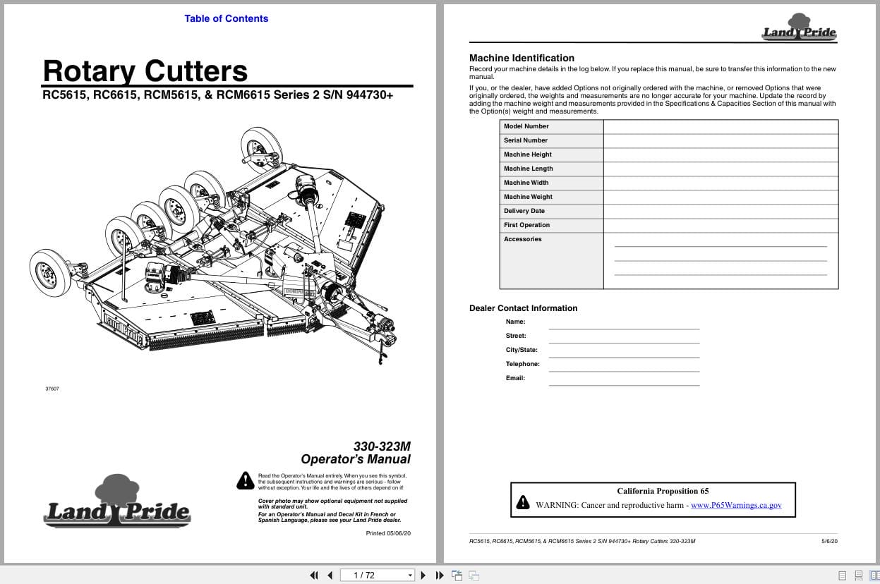 Land Pride Rotary Cutters RC5615 RC6615 RCM5615 RCM6615 Series 2 Operator Manual 330 323M (1)