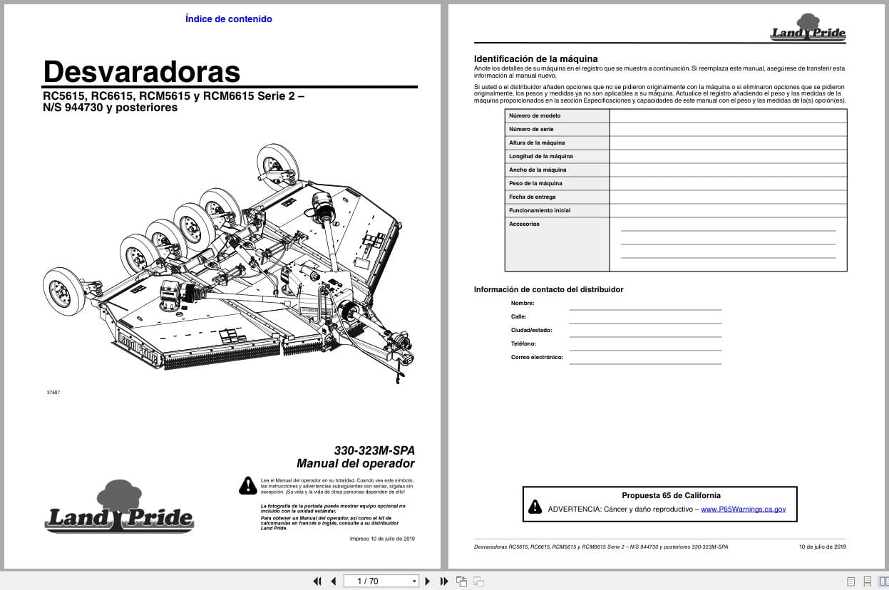 Land Pride Rotary Cutters RC5615 RC6615 RCM5615 RCM6615 Series 2 Operator Manual 330 323M SPA ES (1)
