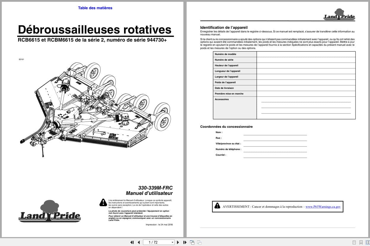 Land Pride Rotary Cutters RCB6615 RCBM6615 Operator Manual 330 339M FRC FR (1)