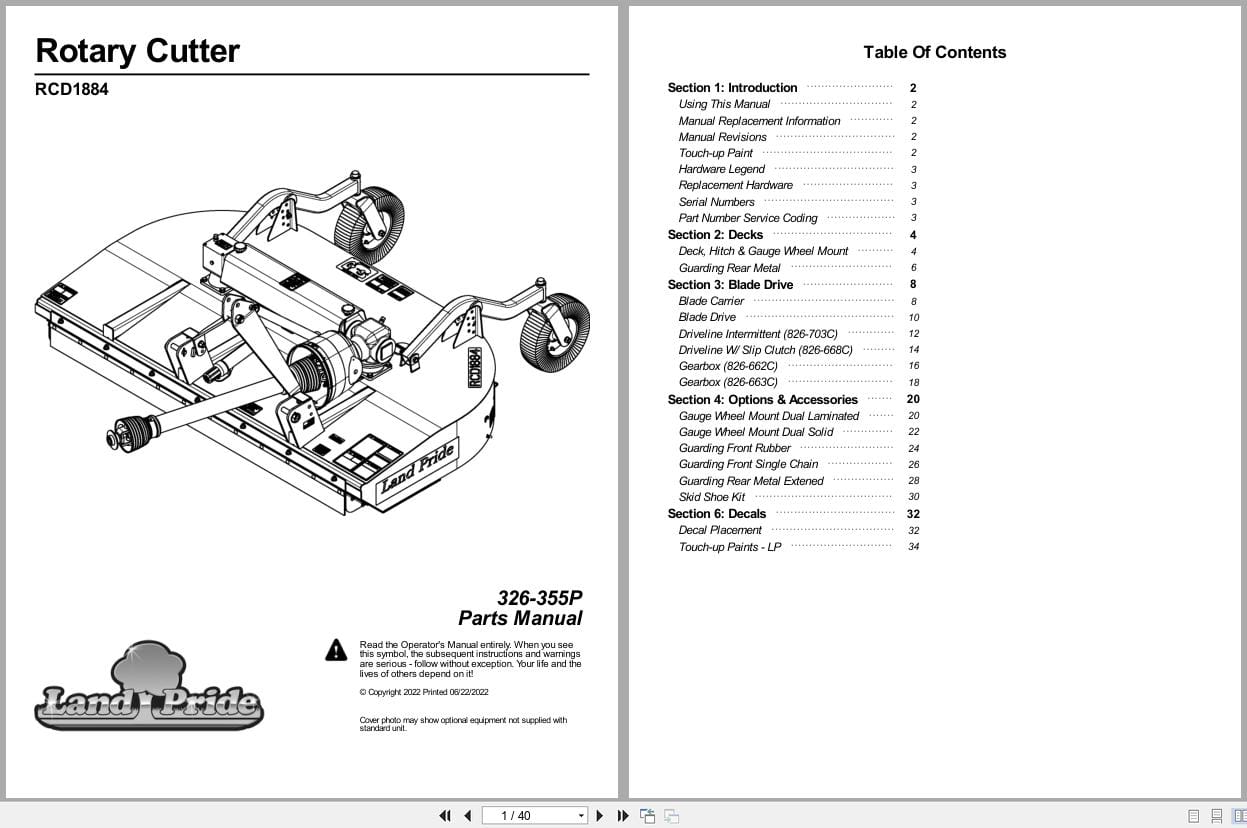 Land Pride Rotary Cutters RCD1884 Parts Manual 326 355P (1)