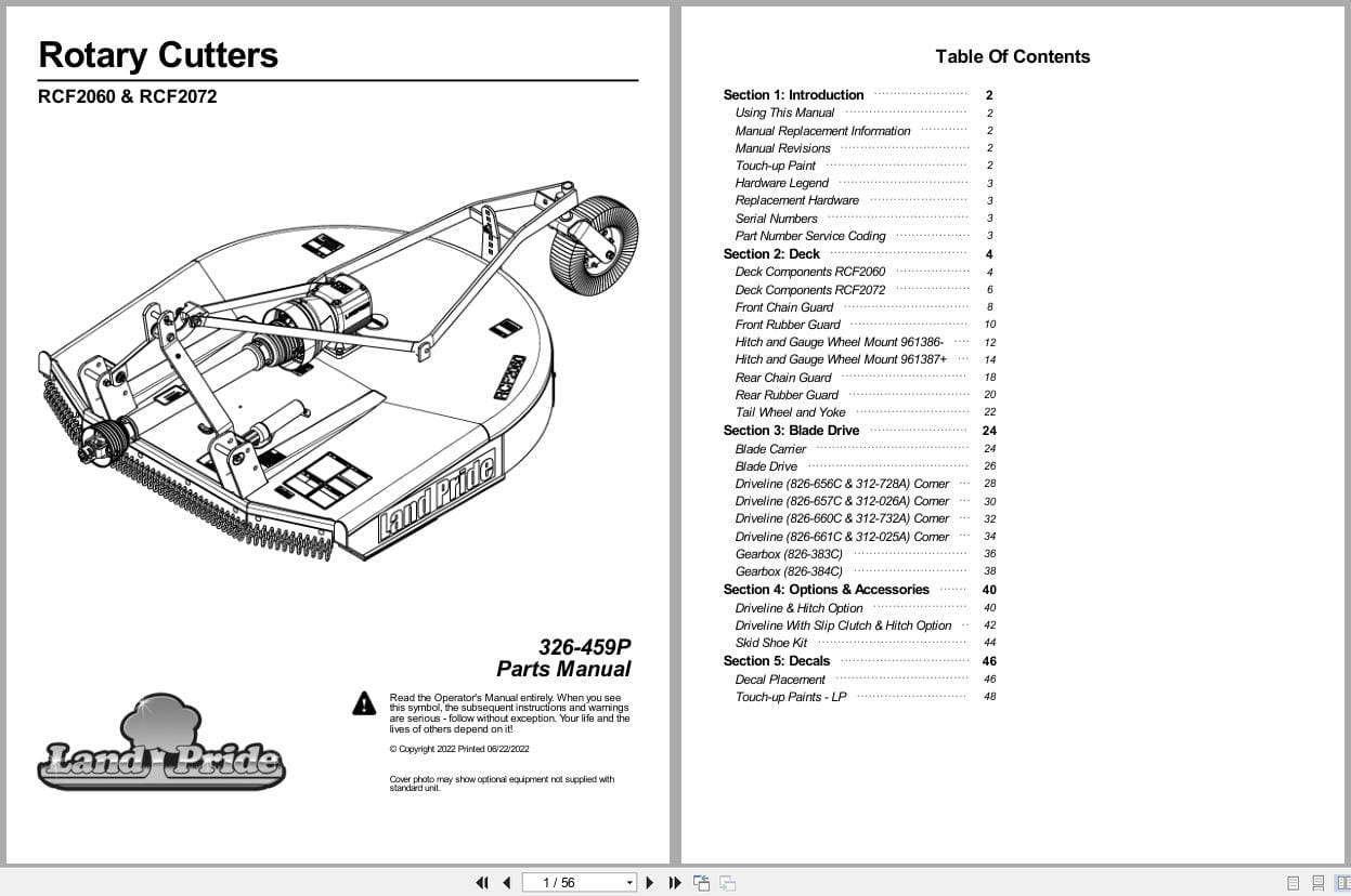 Land Pride Rotary Cutters RCF2060 RCF2072 Parts Manual 326 459P (1)