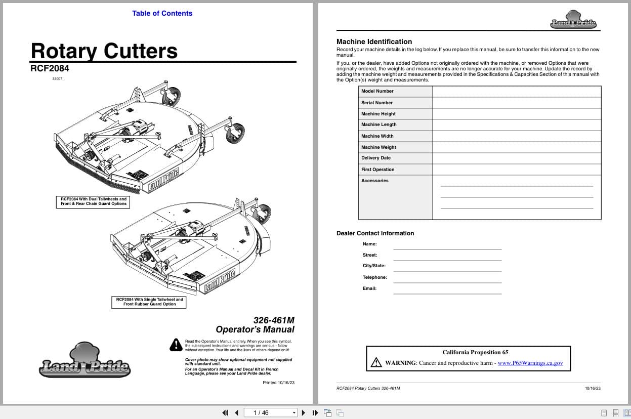 Land Pride Rotary Cutters RCF2084 Operation Manual 326 461M (1)