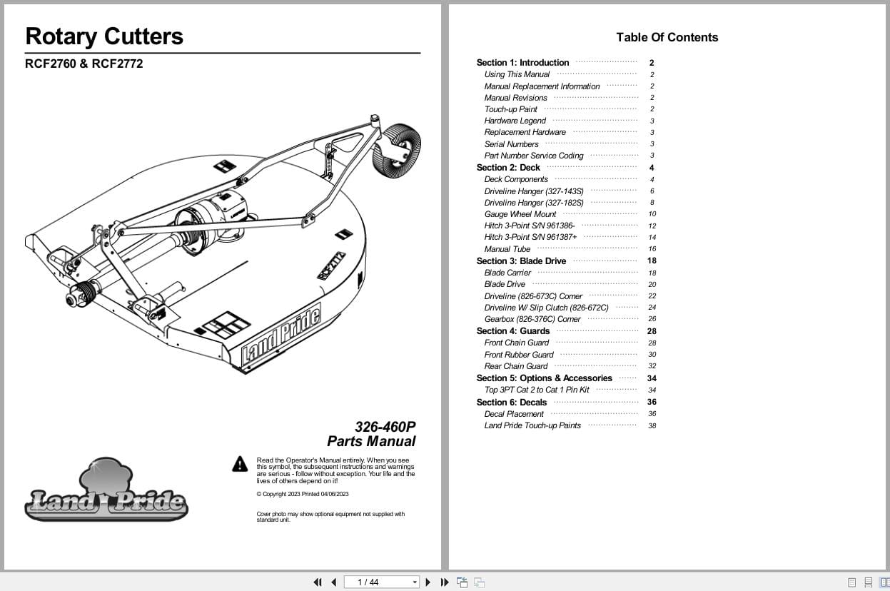 Land Pride Rotary Cutters RCF2760 RCF2772 Parts Manual 326 460P (1)
