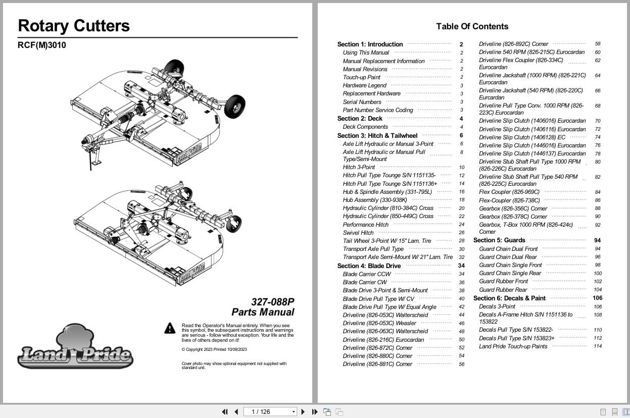 Land Pride Rotary Cutters RCF3010 RCFM3010 Parts Manual 327 088P (1)