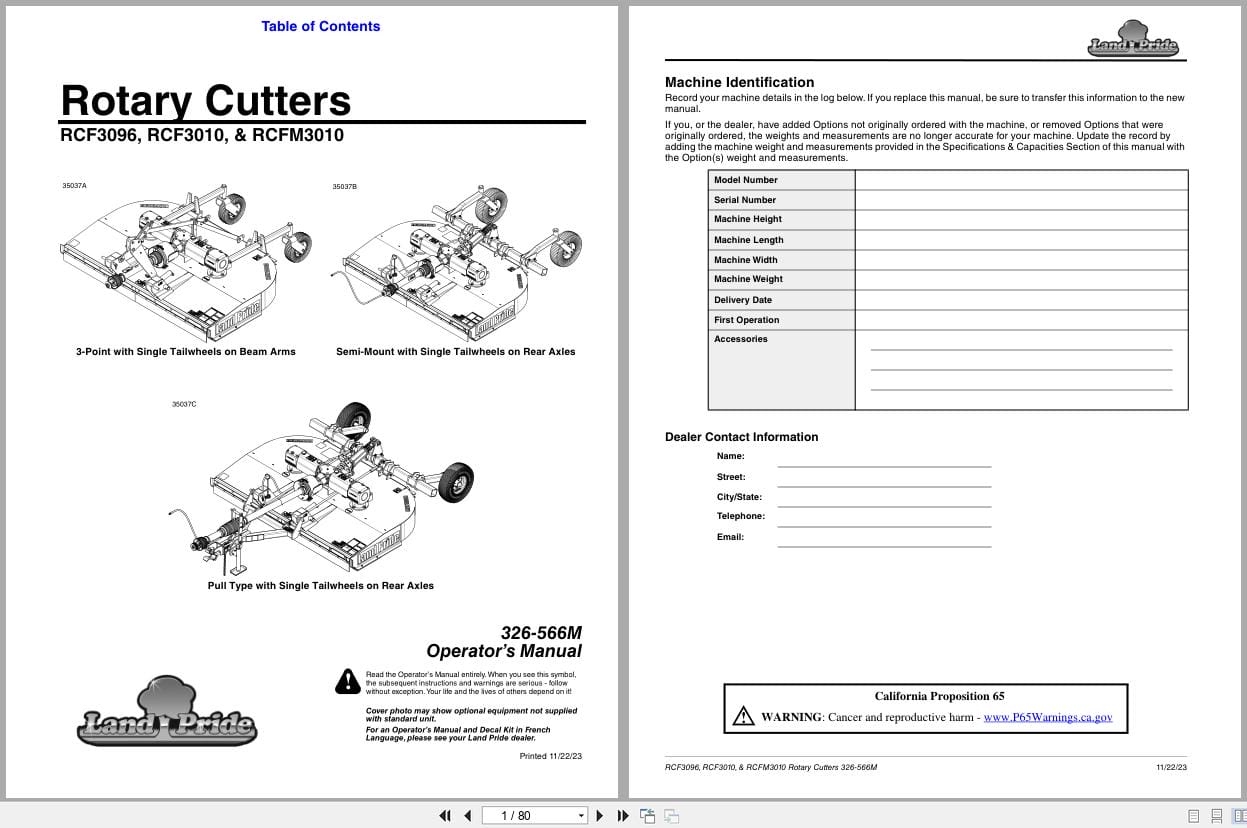 Land Pride Rotary Cutters RCF3096 RCF3010 RCFM3010 Operation Manual 326 566M (1)