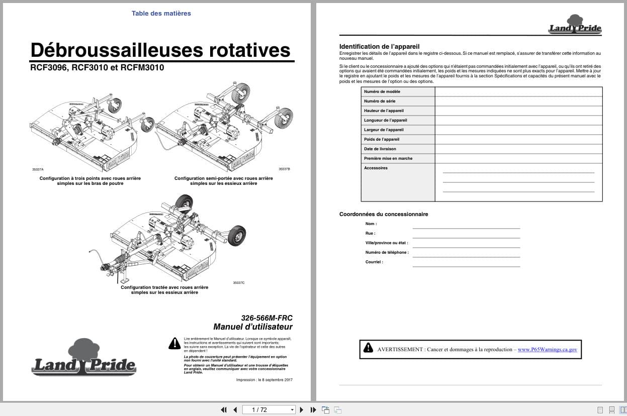 Land Pride Rotary Cutters RCF3096 RCF3010 RCFM3010 Operator Manual 326 566M FRC FR (1)