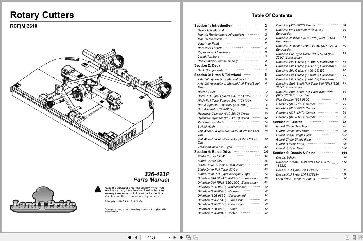 Land Pride Rotary Cutters RCF3610 RCFM3610 Parts Manual 326 423P (1)