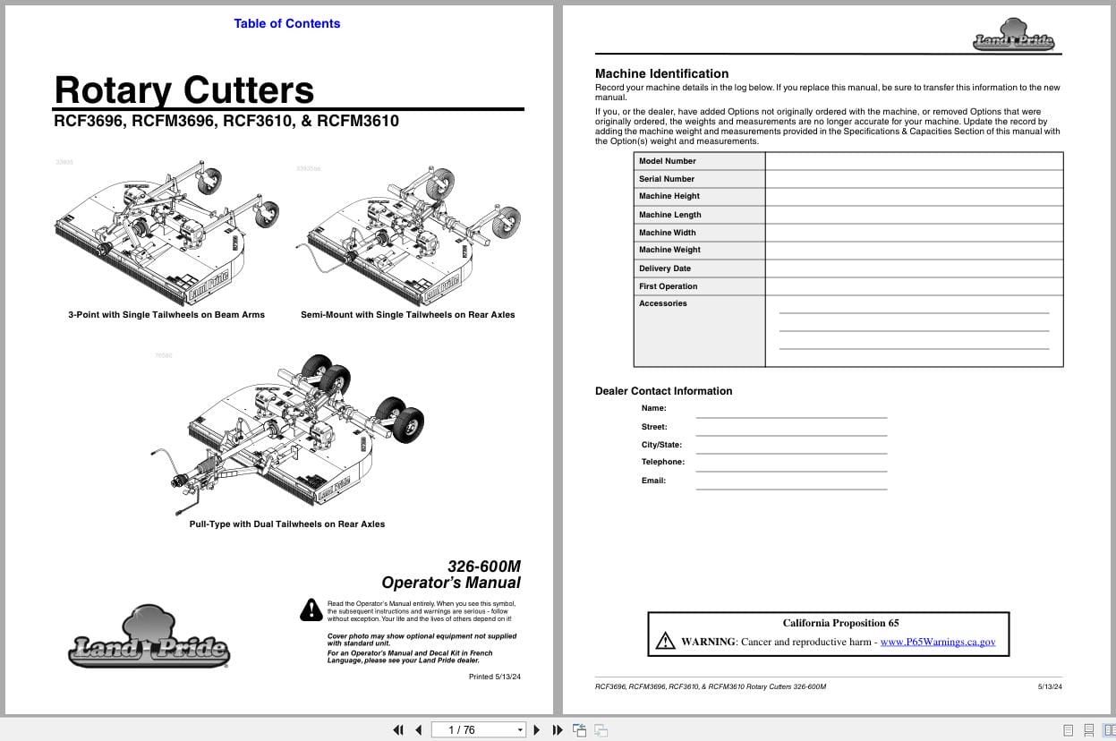 Land Pride Rotary Cutters RCF3696 RCFM3696 RCF3610 RCFM3610 Operation Manual 326 600M (1)