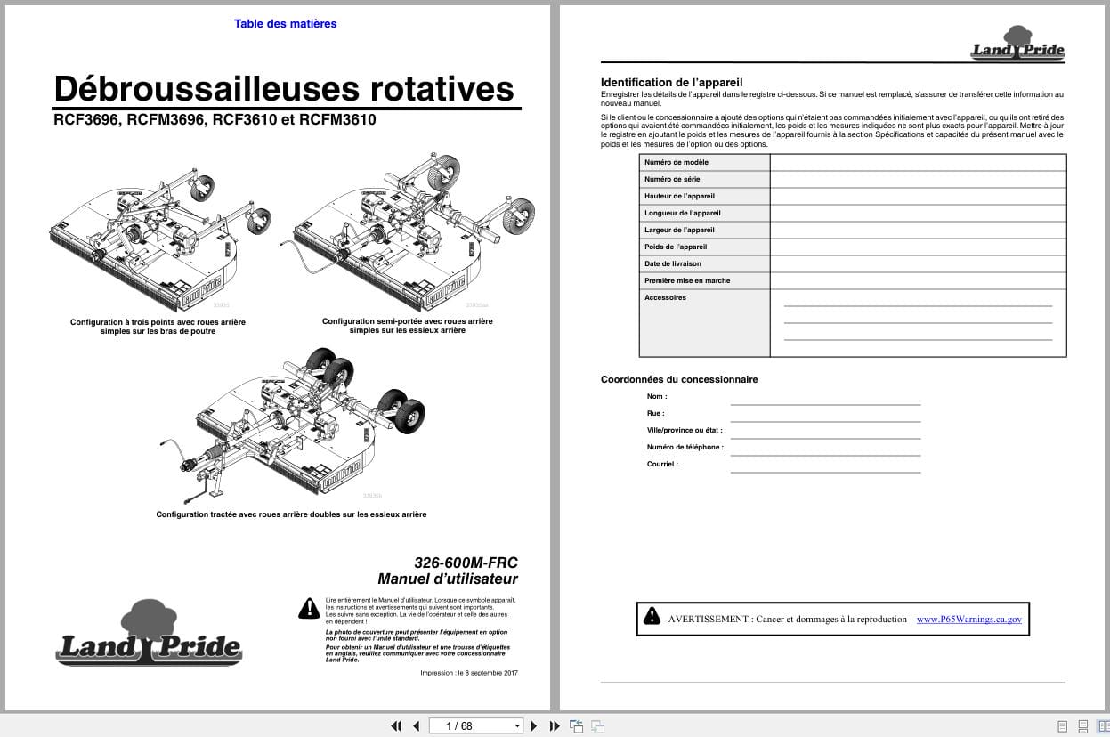 Land Pride Rotary Cutters RCF3696 RCFM3696 RCF3610 RCFM3610 Operator Manual 326 600M FRC FR (1)