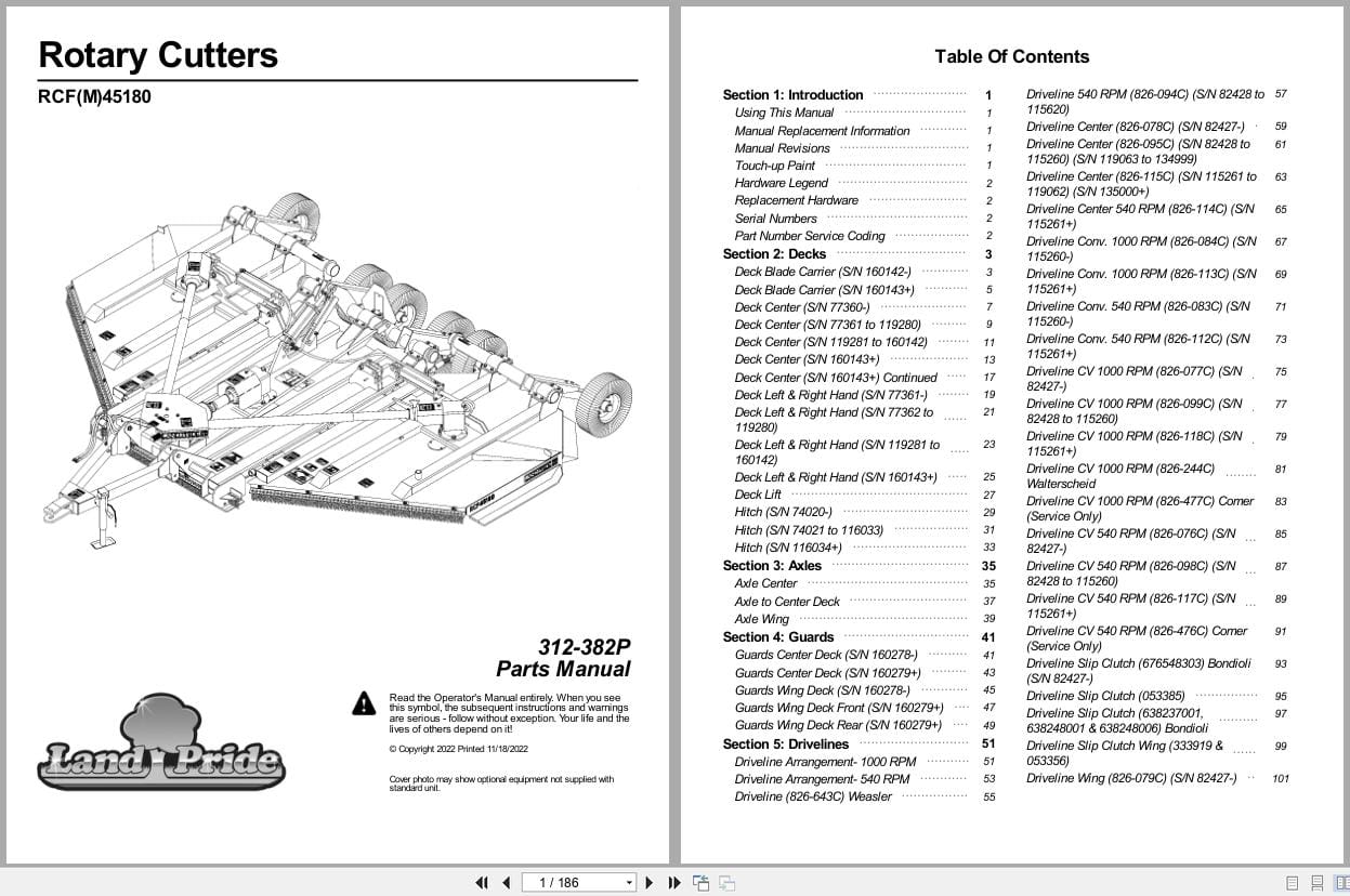 Land Pride Rotary Cutters RCFM45180 RCF45180 Parts Manual 312 382P (1)