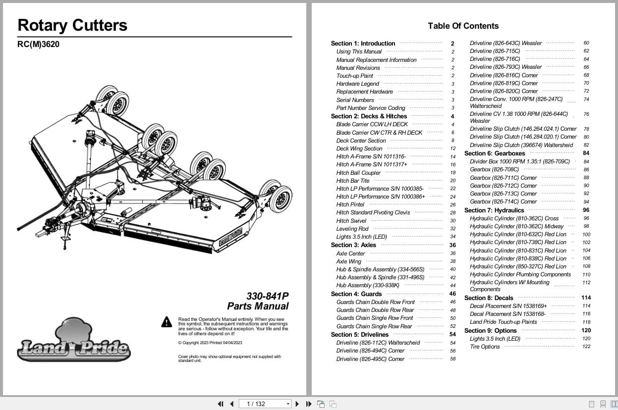 Land Pride Rotary Cutters RCM3620 RC3620 Parts Manual 330 841P (1)