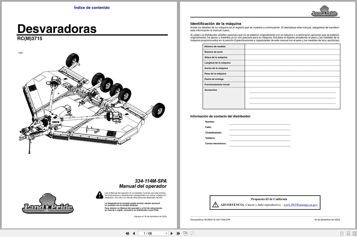 Land Pride Rotary Cutters RCM3715 RC3715 Operator Manual 334 114M SPA ES (1)