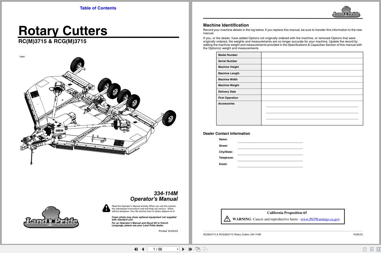 Land Pride Rotary Cutters RCM3715 RC3715 RCGM3715 RCG3715 Operation Manual 334 114M (1)