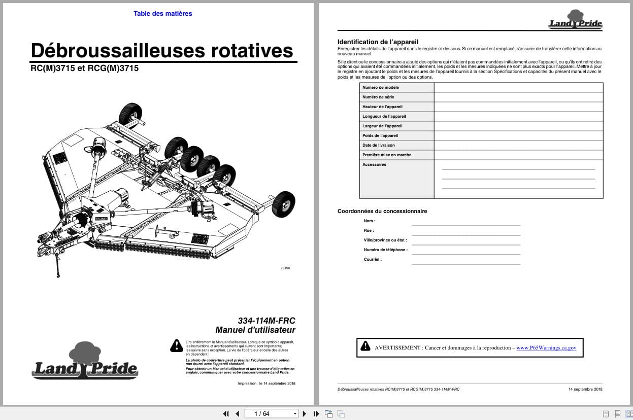 Land Pride Rotary Cutters RCM3715 RC3715 RCGM3715 RCG3715 Operator Manual 334 114M FRC FR (1)