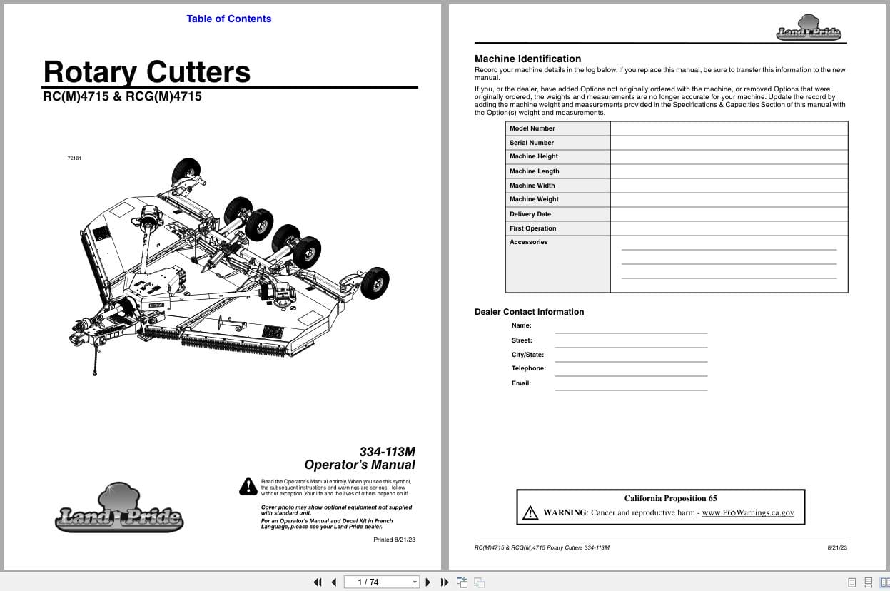 Land Pride Rotary Cutters RCM4715 RCGM4715 RC4715 RCG4715 Operator Manual 334 113M (1)