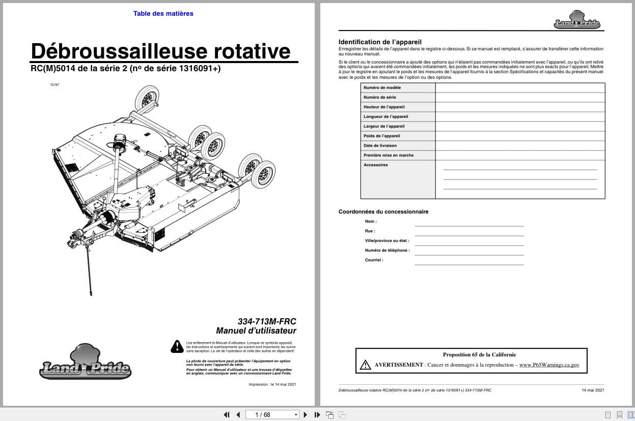 Land Pride Rotary Cutters RCM5014 RC5014 Operator Manual 334 713M FRC FR (1)