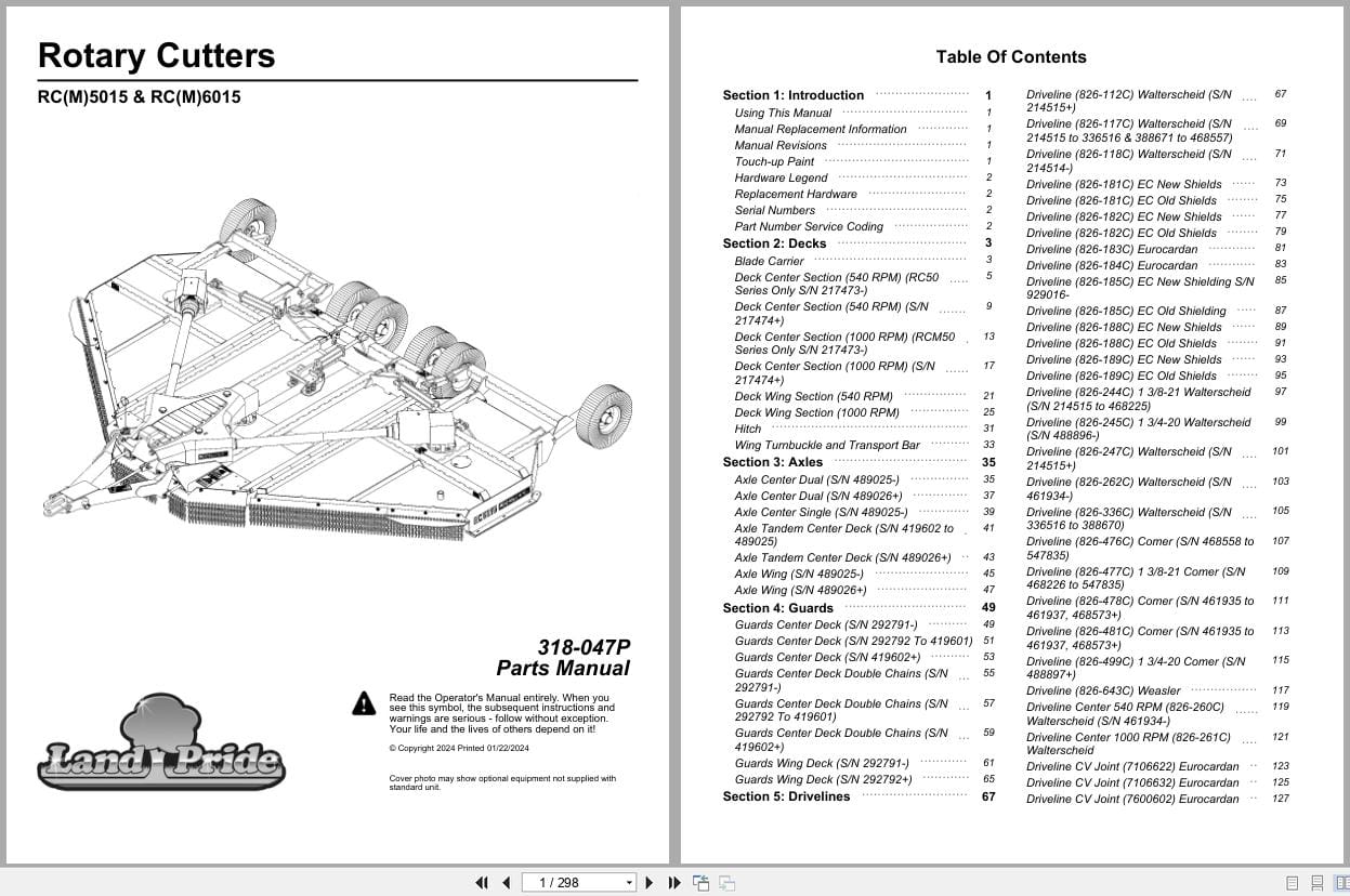 Land Pride Rotary Cutters RCM5015 RC5015 RCM6015 RC6015 Parts Manual 318 047P (1)