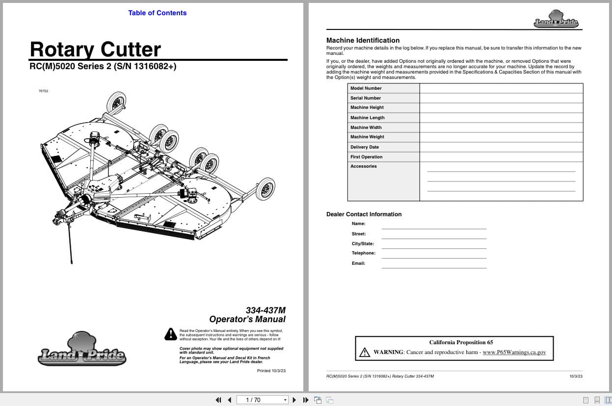 Land Pride Rotary Cutters RCM5020 RC5020 Series 2 Operation Manual 334 437M (1)