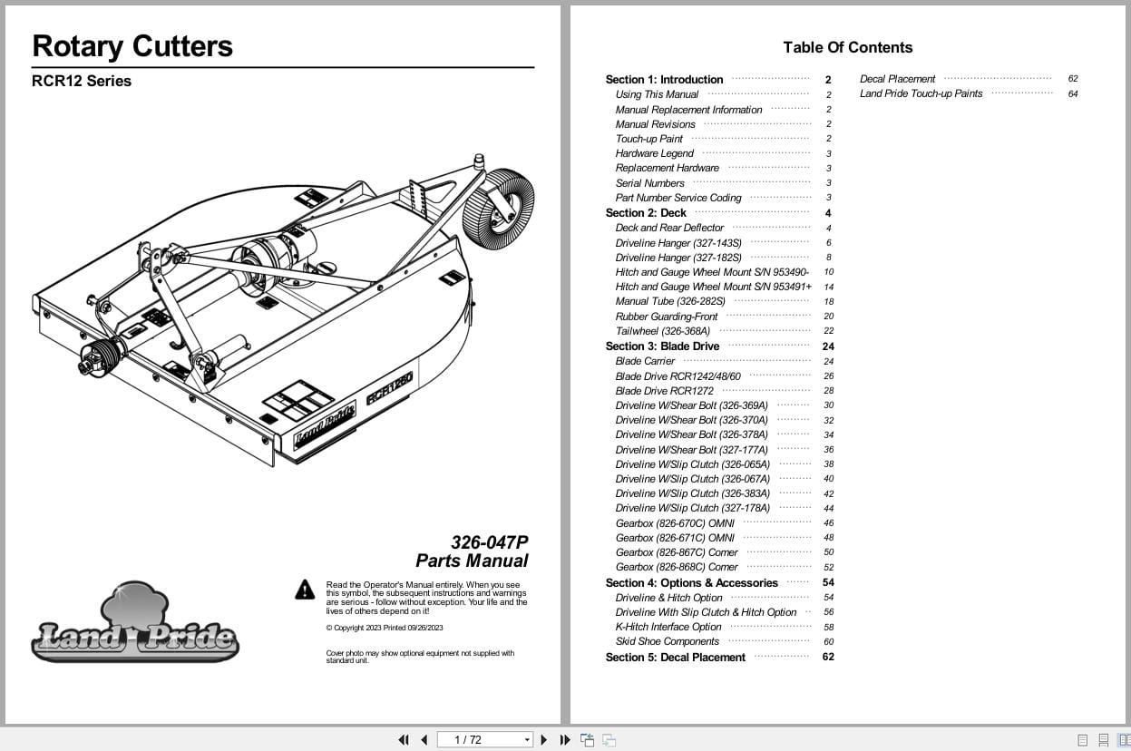 Land Pride Rotary Cutters RCR12 Series Parts Manual 326 047P (1)