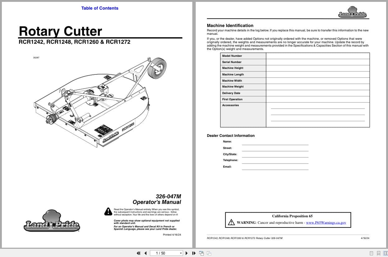 Land Pride Rotary Cutters RCR1242 RCR1248 RCR1260 RCR1272 Operation Manual 326 047M (1)