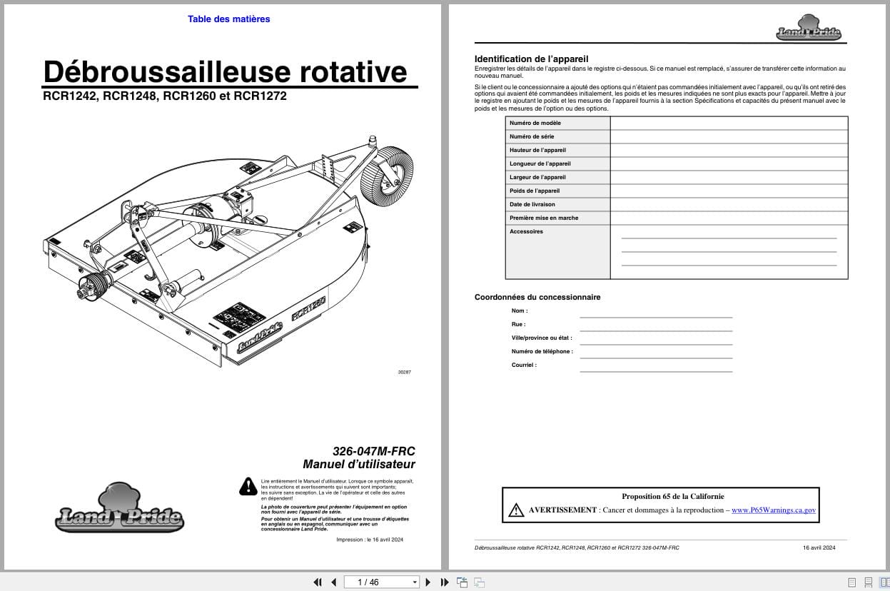 Land Pride Rotary Cutters RCR1242 RCR1248 RCR1260 RCR1272 Operator Manual 326 047M FRC FR (1)