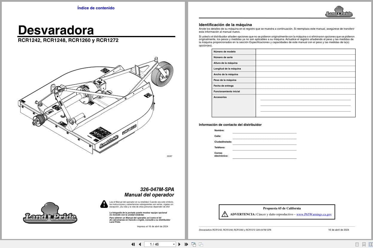 Land Pride Rotary Cutters RCR1242 RCR1248 RCR1260 RCR1272 Operator Manual 326 047M SPA ES (1)