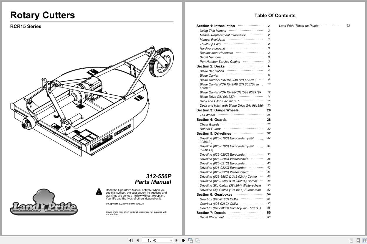 Land Pride Rotary Cutters RCR15 Series Parts Manual 312 556P (1)