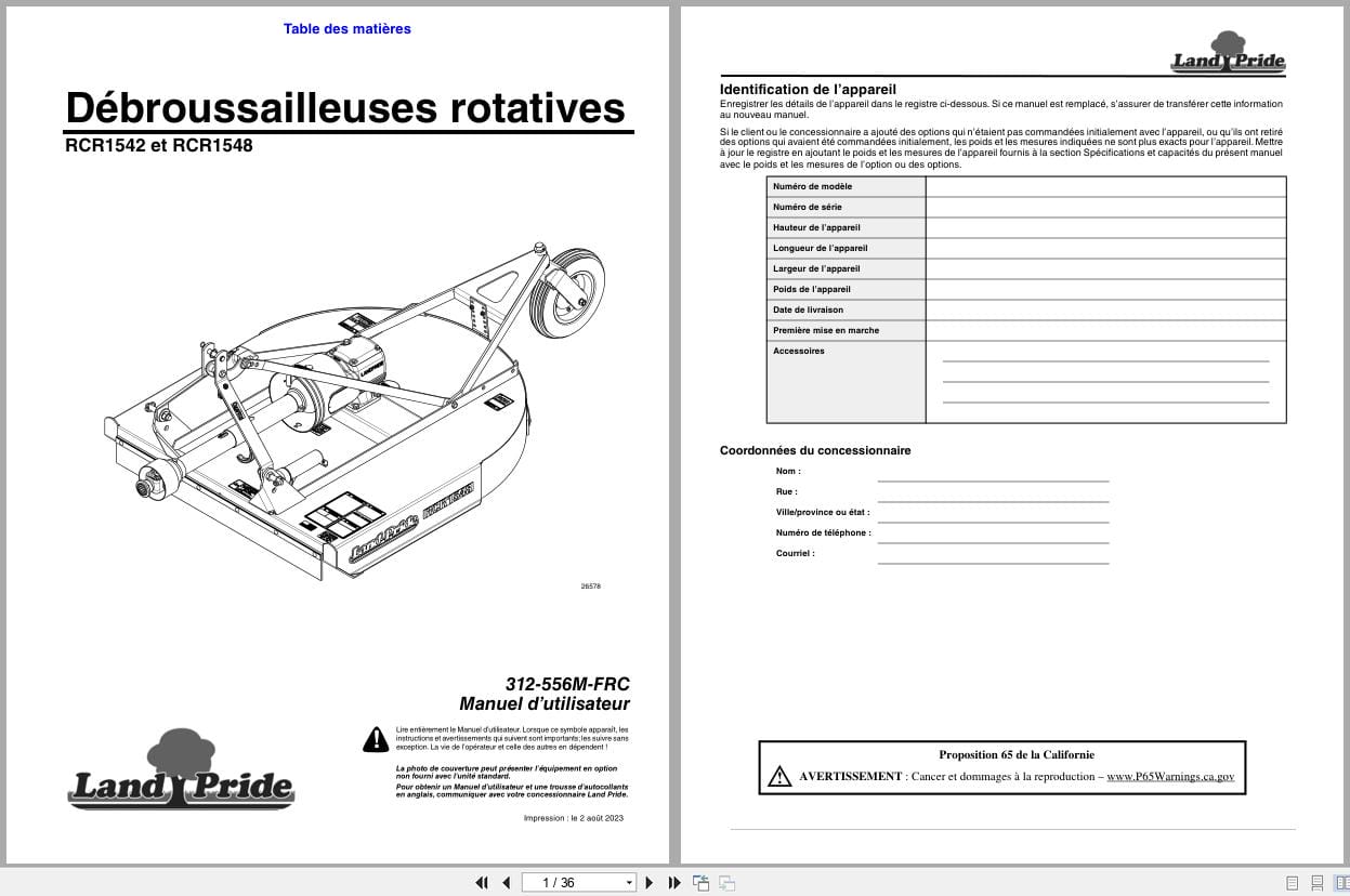 Land Pride Rotary Cutters RCR1542 RCR1548 Operator Manual 312 556M FRC FR (1)