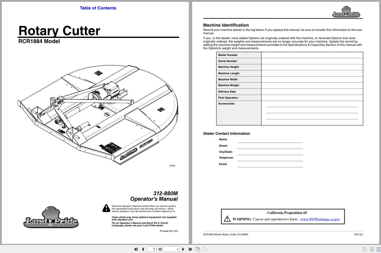 Land Pride Rotary Cutters RCR1884 Operation Manual 312 880M (1)