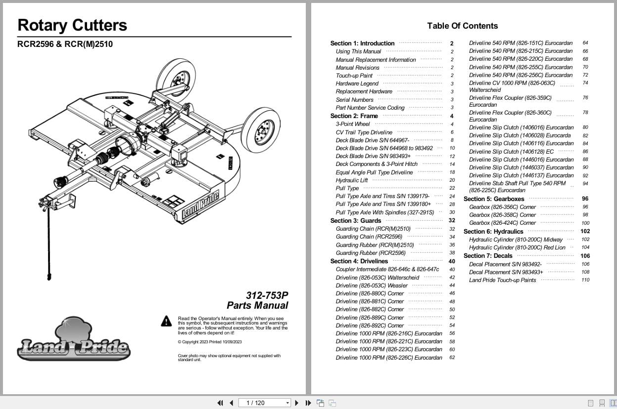 Land Pride Rotary Cutters RCR2596 RCRM2510 RCR2510 Parts Manual 312 753P (1)