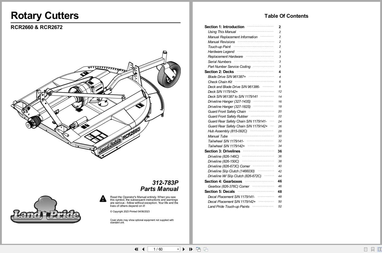 Land Pride Rotary Cutters RCR2660 RCR2672 Parts Manual 312 783P (1)