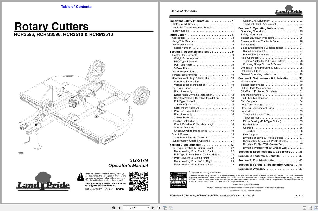 Land Pride Rotary Cutters RCR3596 RCRM3596 RCR3510 RCRM3510 Operation Manual 312 517M (1)